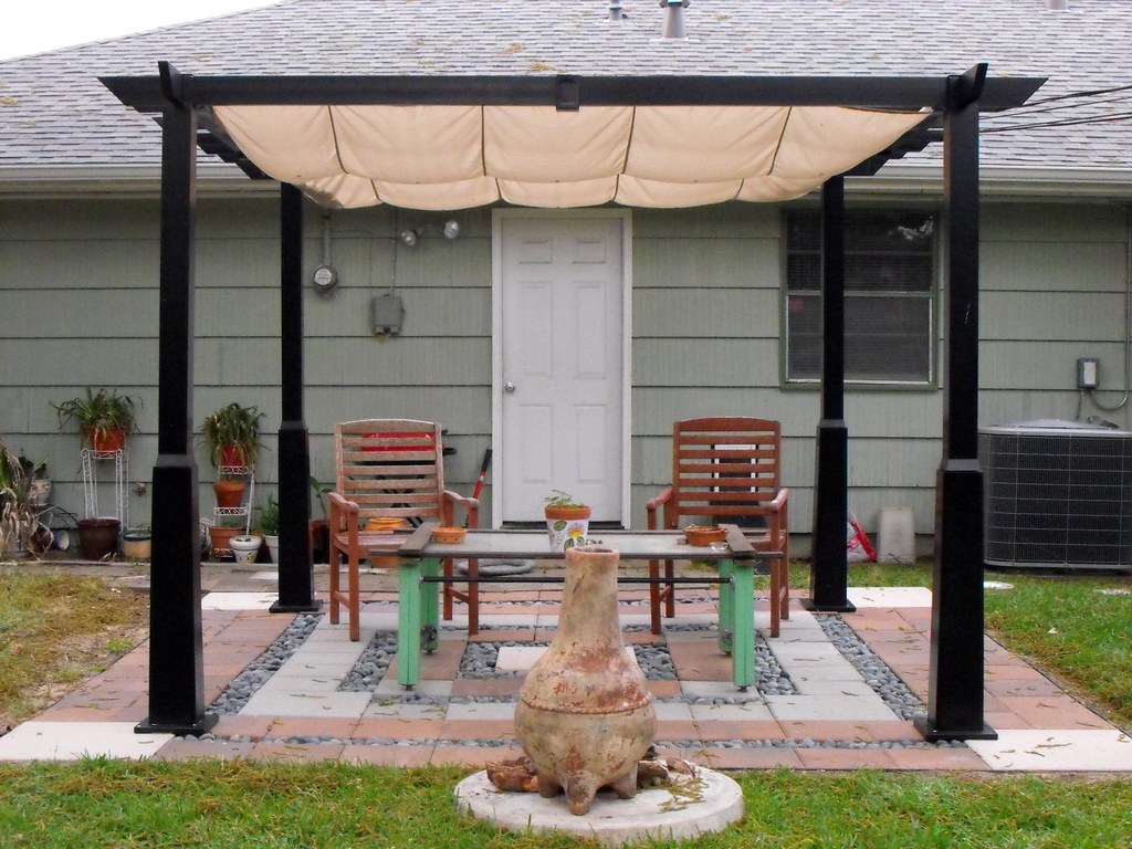 Shaded outdoor dining area under a patio canopy